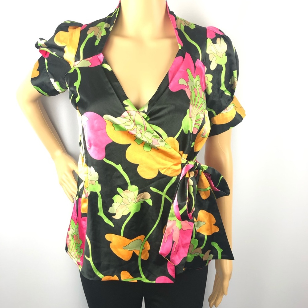 BCBG MAXAZRIA Satin Puff Sleeve Wrap Floral Top XS